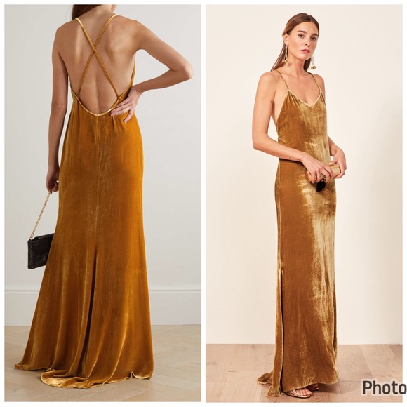 Reformation Dresses & Skirts - Reformation Rimini‎ Velvet Dress Maxi Gown Sleeveless Gold Yellow Sz XL